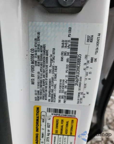 2017 Ford Fusion Se Hybrid из США, поврежденный, VIN 3FA6P0LU3HR308835